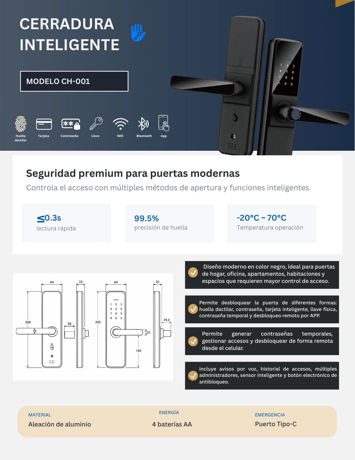 Ficha técnica de Cerradura Inteligente CH-001